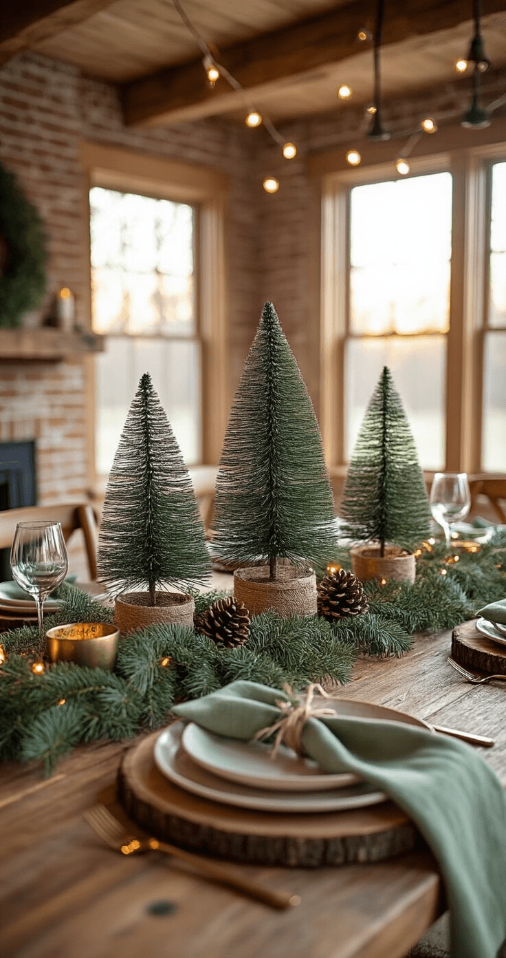 Atmospheric close-up of a rustic winter forest dining table vignette featuring bottle brush Christmas trees, fresh eucalyptus, and warm fairy lights, set in a cozy farmhouse with exposed beams and a brick wall.