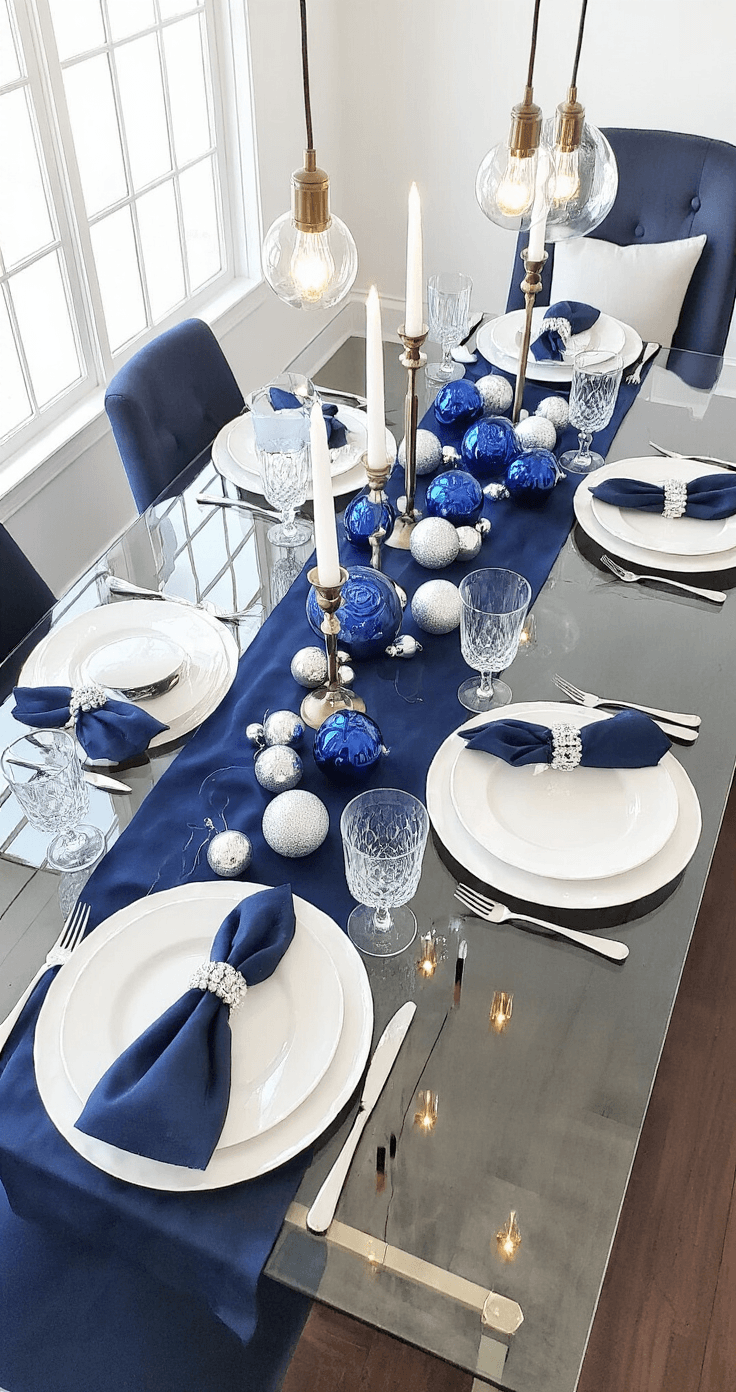 Professional overhead shot of an elegant winter-themed dining table setting featuring a navy blue silk runner, cobalt glass ornaments, white bone china place settings, and navy tapers in brass candlesticks, all arranged on a glass-top table in a modern dining room with clean lines and warm accent lighting.