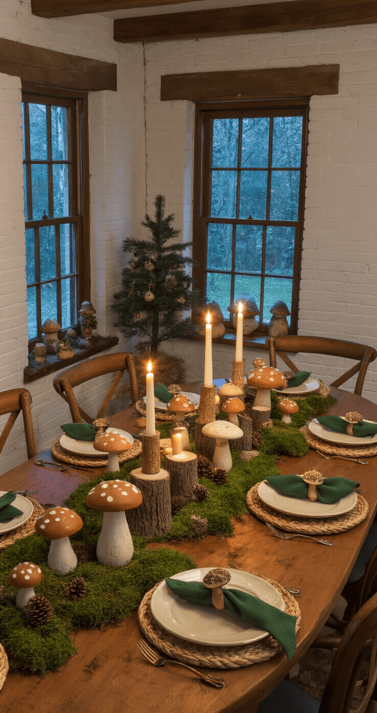Cinematic wide shot of an enchanted winter mushroom forest-themed tablescape in a cozy cottage dining room, featuring a pine farmhouse table adorned with faux mushrooms, moss runners, woodland figurines, and pillar candles, all illuminated by warm lamplight and candlelight in a twilight setting.