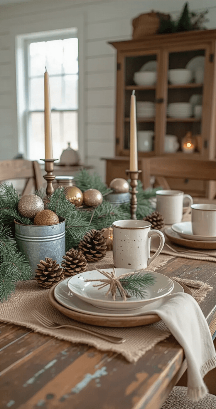 Macro shot of a rustic winter tablescape featuring a distressed wood farmhouse table, burlap runner with Christmas ornaments and pinecones, cream ceramic plates on wood chargers, hand-thrown pottery mugs, and vintage brass candlesticks, all illuminated by warm side lighting.