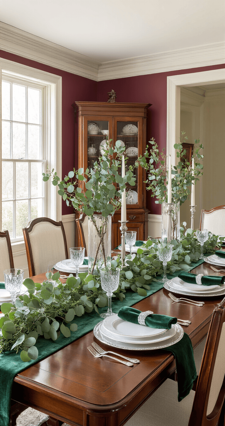 Elegant winter greens tablescape in a formal dining room, featuring a grand mahogany table adorned with a eucalyptus garland, tall vases, and crystal stemware, all illuminated by soft morning light through tall windows.