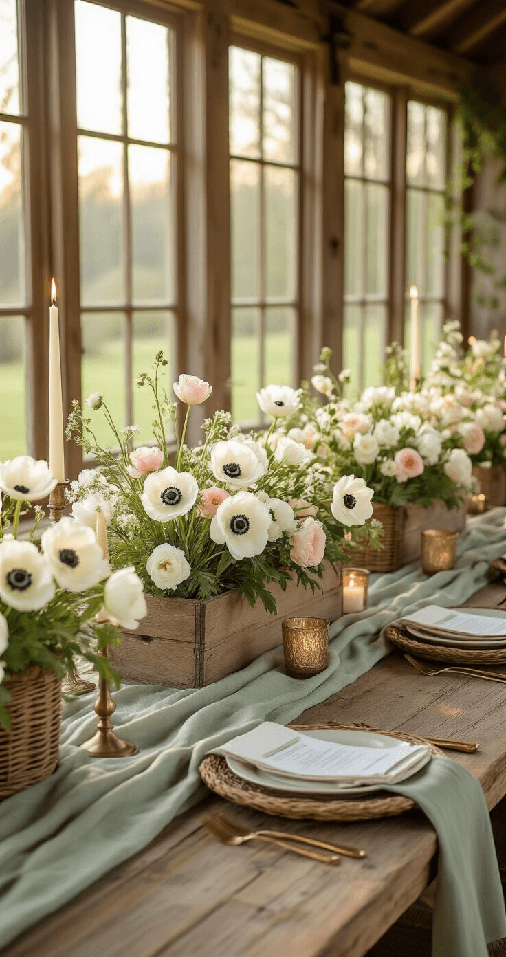 Cinematic wide shot of a rustic garden wedding table featuring a wooden farmhouse table with wild spring blooms, wicker baskets, sage green linen runners, and flickering brass candlesticks, all bathed in warm golden hour light.