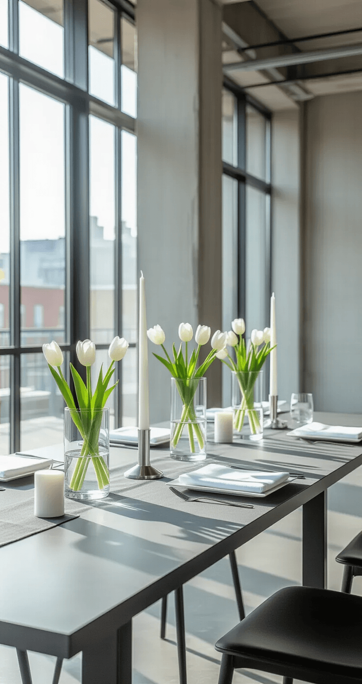 Minimalist wedding table setting with gray linen, white place settings, and geometric glass vases holding white tulips, captured in bright natural light against an industrial backdrop of concrete floors and steel beams.