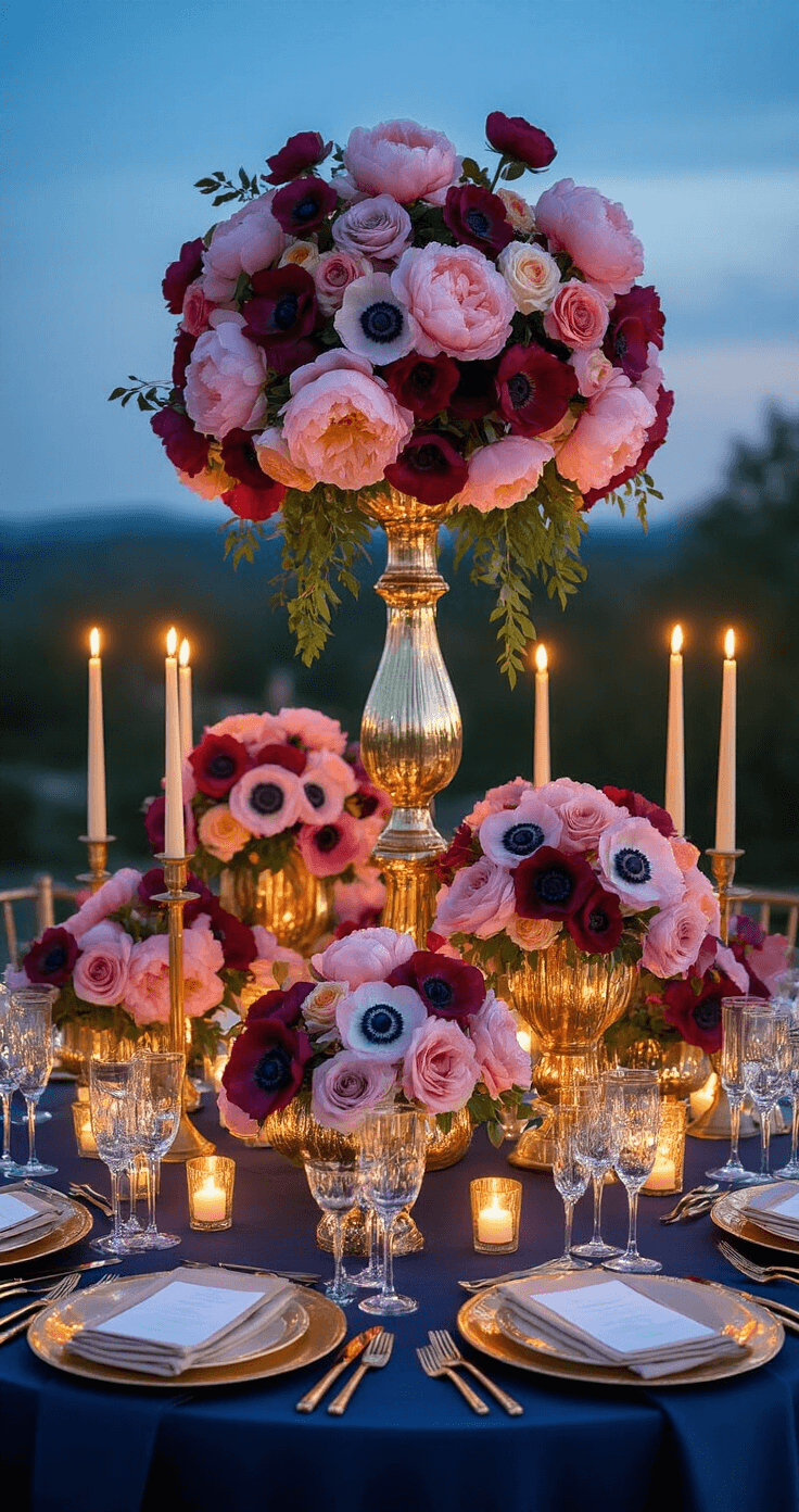 Overhead view of an elegantly set round table at twilight, featuring towering floral centerpieces in champagne glass pedestals, gold candlesticks with ivory candles, and luxurious gold-rimmed charger plates, all against deep navy linens, creating a dramatic contrast with warm artificial lighting.