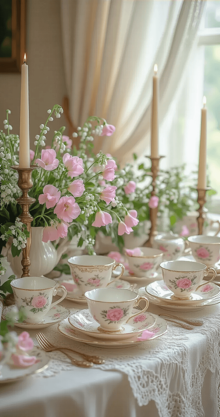 An intimate garden tablescape with mismatched antique teacups holding sweet peas, lily of the valley, and miniature garden roses, set on a vintage table with a dusty miller and ivy runner, scattered blush rose petals, and vintage brass candlesticks, all bathed in soft morning light.