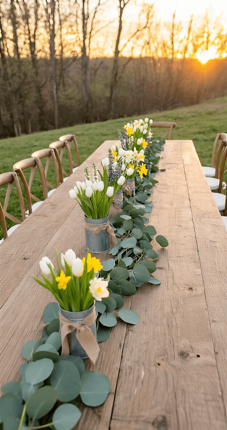 A long farmhouse table adorned with a eucalyptus garland, clustered flower arrangements, and mason jars, set for a garden party during golden hour, with string lights overhead and wooden chairs surrounding the table.