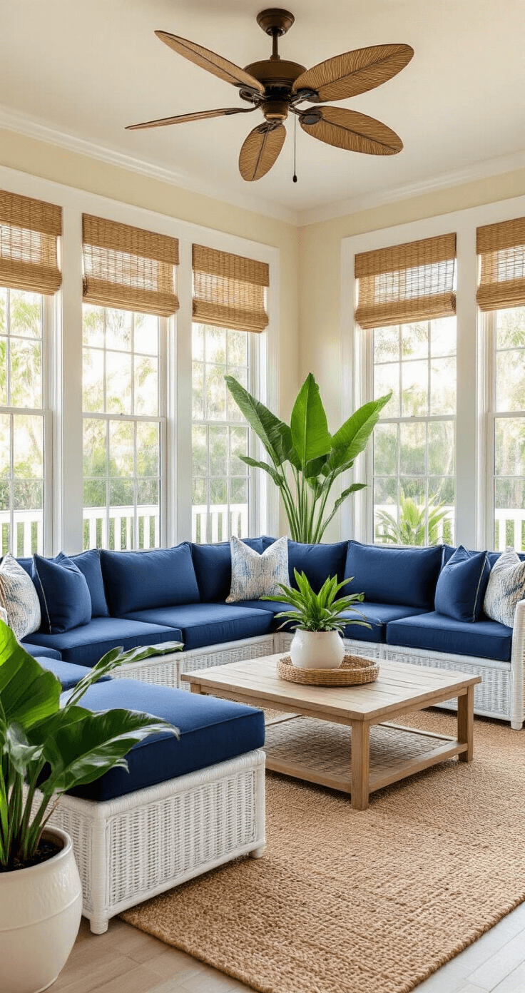 A spacious Florida room bathed in golden hour light, featuring a white wicker sectional with navy cushions, a teak coffee table, and a jute rug, accented by bamboo shades and a bird of paradise plant, all under a brass ceiling fan.