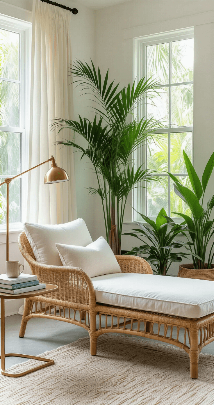 Cozy reading corner in a Florida room with a rattan chaise lounge, large windows overlooking tropical greenery, teak side table with travel books and coffee mug, brass floor lamp, and potted palms, all bathed in warm, diffused morning light.