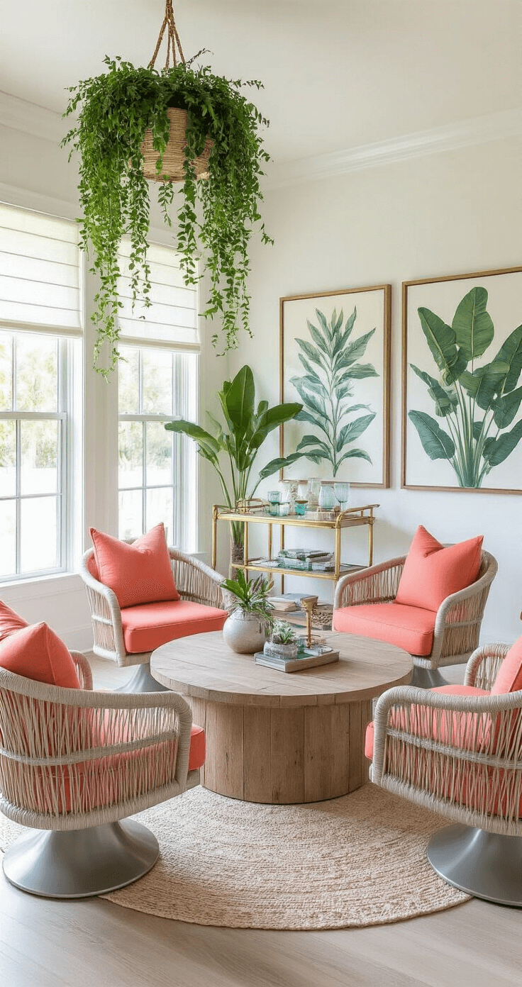 A stylish Florida room in late afternoon light featuring a circular conversation area with a reclaimed teak coffee table, coral-colored swivel chairs, a brass-accented bar cart, and large botanical artwork on an accent wall, complemented by cascading hanging plants and partially lowered electric window treatments.