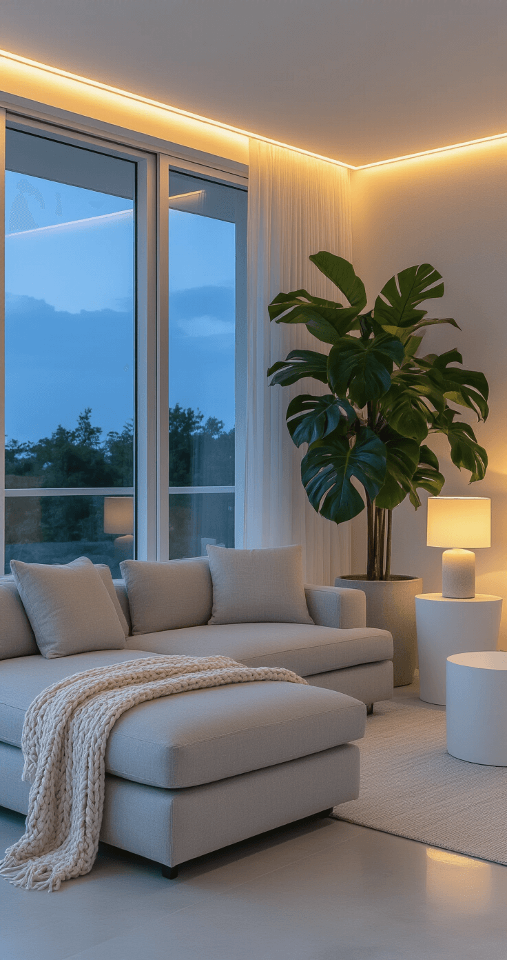 A minimalist Florida room at blue hour featuring a low-profile light gray sectional, floor-to-ceiling windows, a large monstera plant in a concrete planter, and warm LED strip lighting. The space has polished concrete floors, monochromatic gray and white decor, and dramatic low camera angle emphasizing architectural lines and material contrasts.