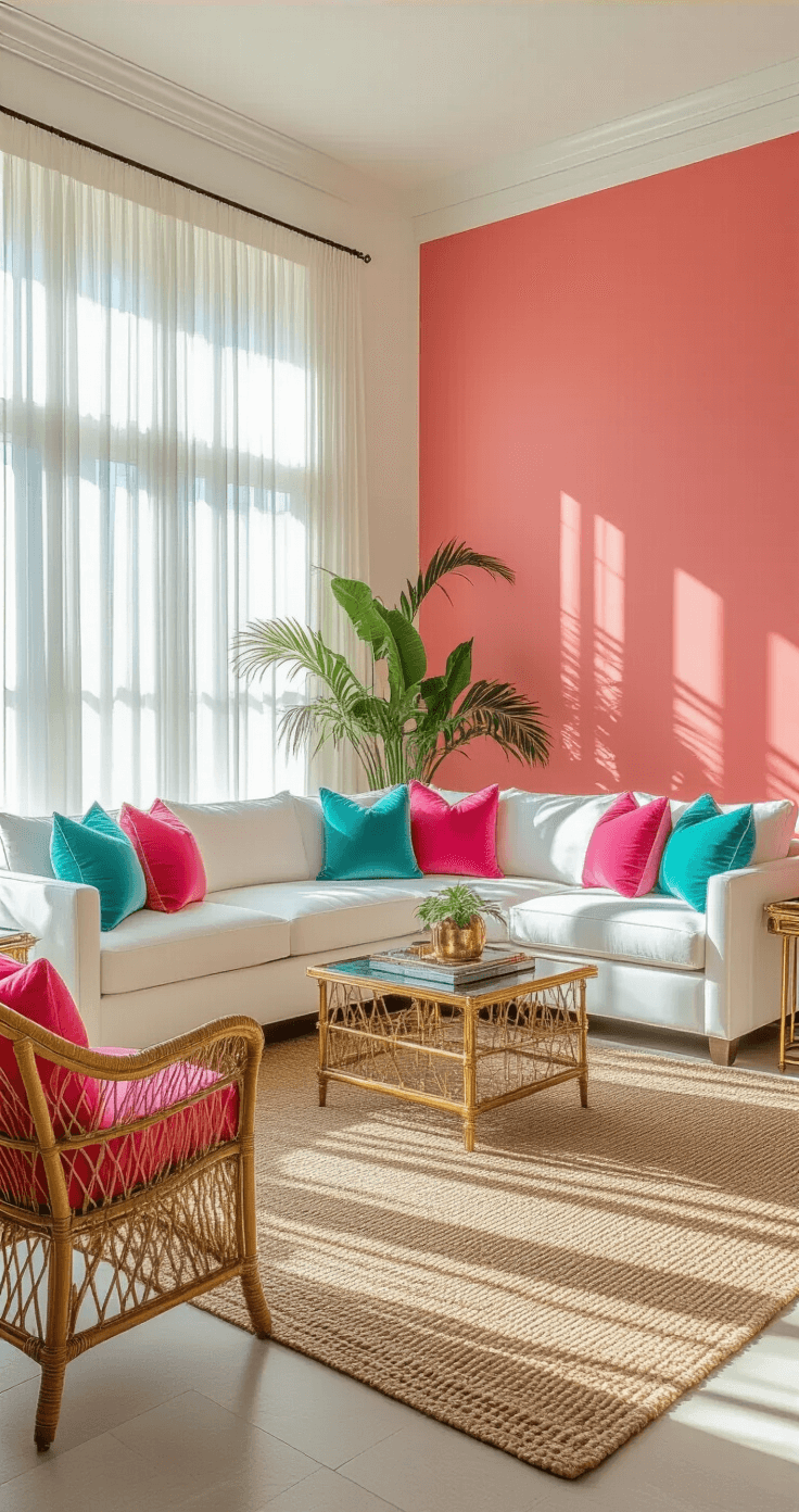 A sun-drenched living room with 14-foot ceilings, featuring a white sectional sofa with colorful palm leaf pillows, a vintage brass bar cart, and a rattan peacock chair, all illuminated by golden hour light streaming through sheer curtains.