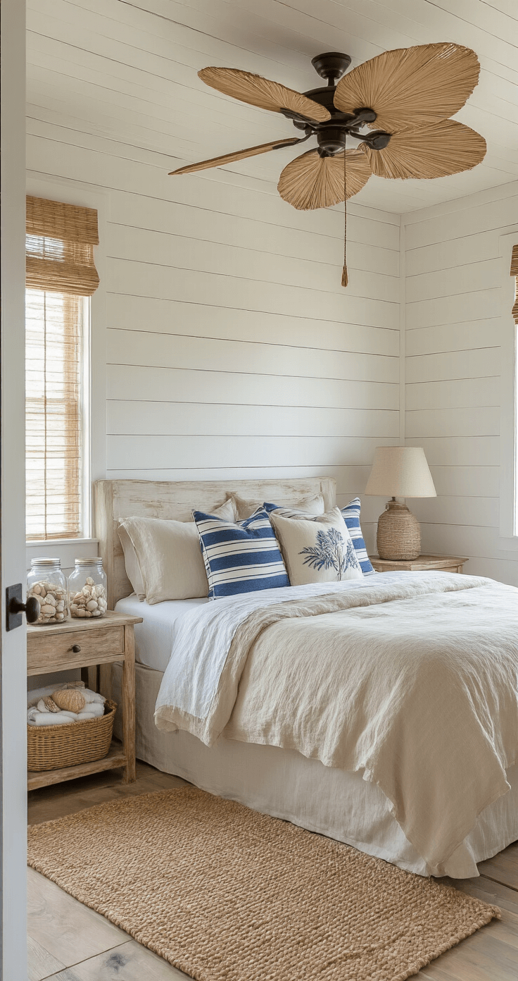 Intimate beach house bedroom with weathered wood walls, vintage fan, sandy beige and navy striped bedding, tropical pillows, driftwood nightstand, and natural light filtering through bamboo blinds, creating a cozy coastal atmosphere.