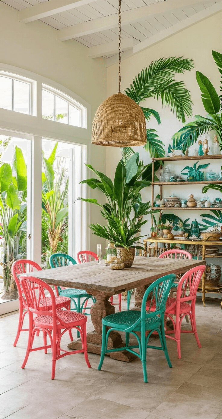 A vibrant tropical dining room with a weathered teak table and mismatched vintage chairs, showcasing hand-painted palm frond accents, rattan lighting, and open shelving filled with colorful glassware, all illuminated by dramatic sunset light.