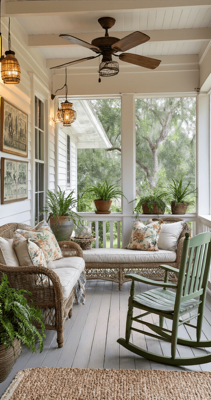 A cozy screened porch inspired by Florida Cracker style, featuring white wood paneling, vintage fans, and comfortable wicker and rocking chair seating. Ambient string lights illuminate the space, showcasing textured rugs, potted plants, and a gallery wall of vintage postcards and botanical prints, all captured during twilight.