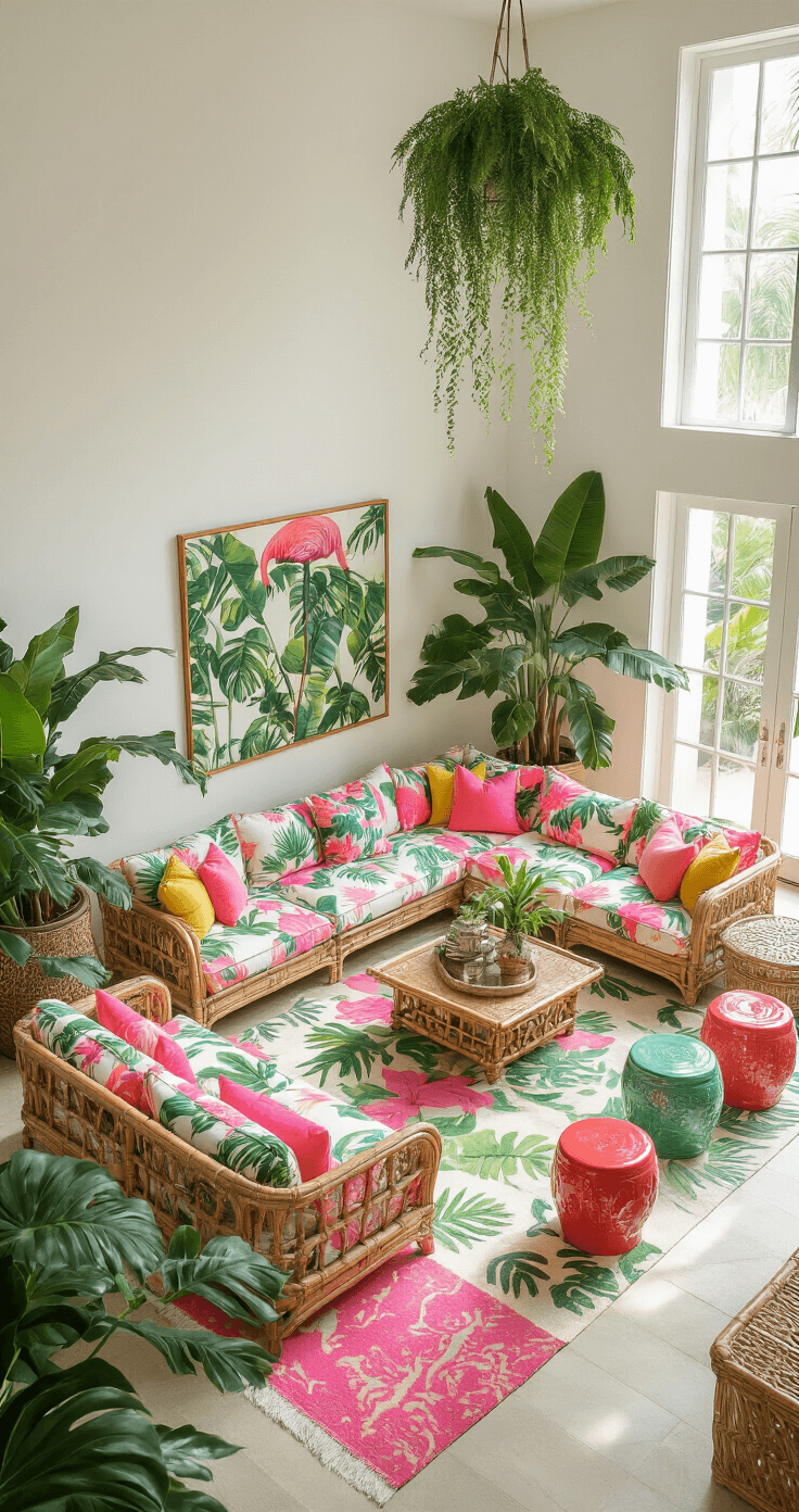 A vibrant tropical living room with bold patterns, featuring a large sectional sofa in mixed prints, vintage rattan furniture, and bright accents, captured from an elevated angle during midday sun.