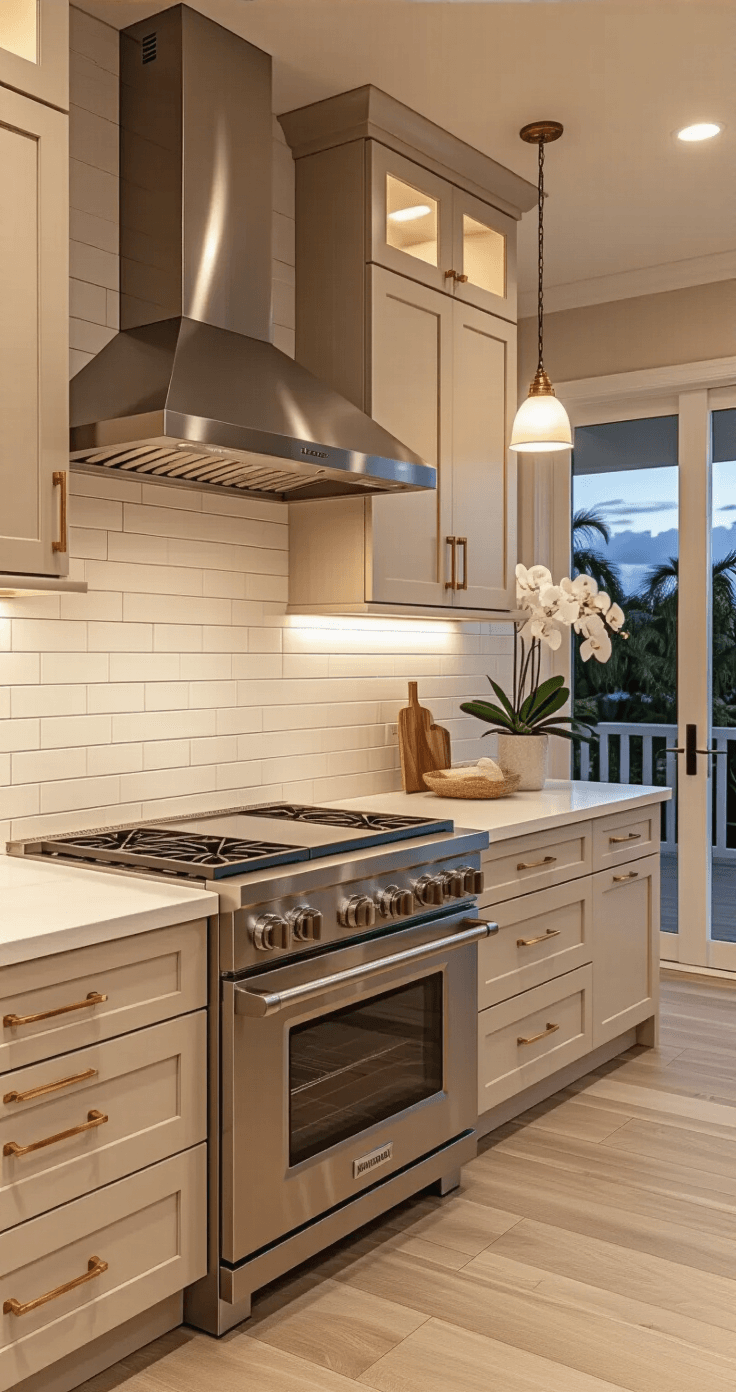 Photorealistic evening view of an elegant Florida kitchen with warm sand-toned thermofoil cabinets, white quartz countertops, and a professional stainless steel range, featuring under-cabinet LED lighting, pendants over a large island, and natural light from sliding doors leading to the outdoor lanai, accented with brass hardware and coastal decor.