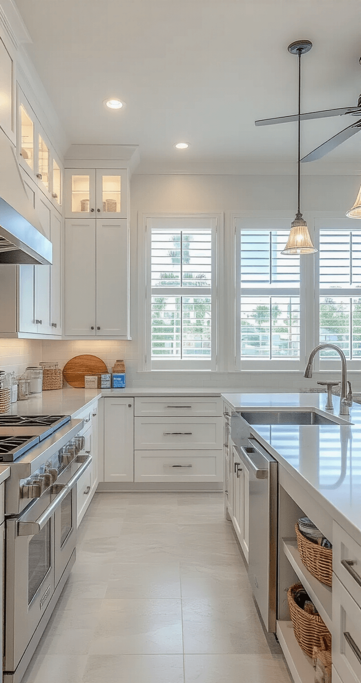 Photorealistic Florida kitchen with marine-grade white cabinets, stainless steel appliances, durable quartz countertops, impact-resistant windows, organized hurricane supplies, and abundant natural light, emphasizing functionality and storm preparedness.