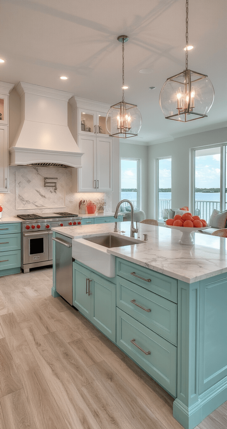 Photorealistic interior of a luxurious Florida kitchen with aqua lower cabinets, white upper cabinets, extensive Calacatta marble countertops, a large center island with waterfall edges, professional stainless steel appliances, and a seamless flow into a living area featuring water views. Coral accessories and tropical flowers add vibrant accents.
