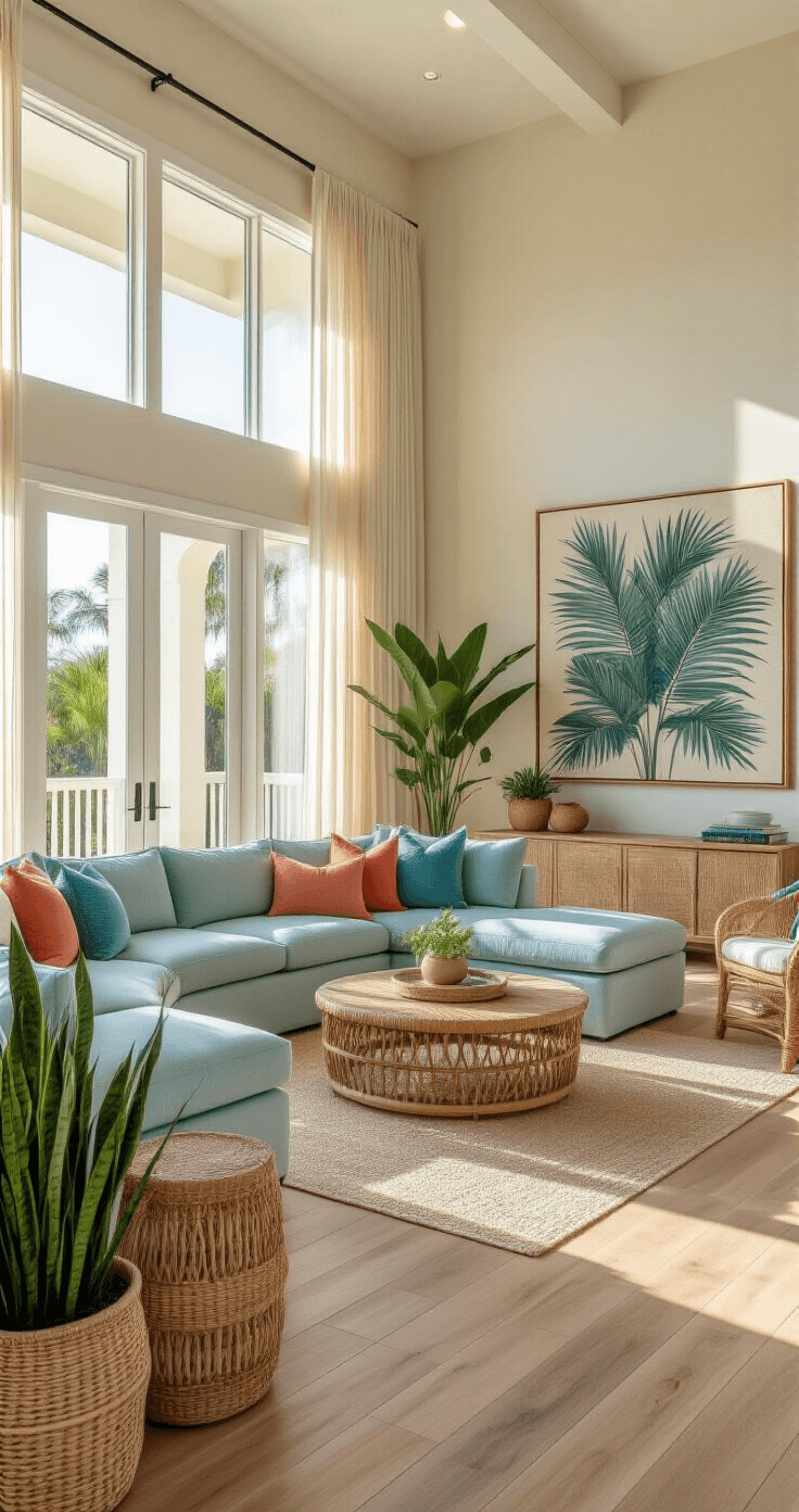 Medium shot of a contemporary Florida living room with floor-to-ceiling windows, sheer linen curtains, light oak hardwood floors, and a curved sea salt blue sectional sofa; featuring a natural rattan coffee table, coral and turquoise throw pillows, palm frond artwork, and snake plants in woven baskets, all illuminated by warm afternoon sunlight.