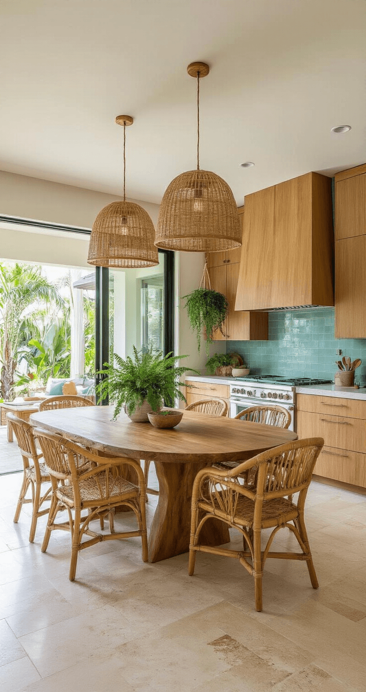 Wide angle interior photograph of a modern Florida kitchen-dining area showcasing quartzite countertops, bamboo cabinetry, and large sliding glass doors opening to a screened lanai. The scene features a live-edge teak dining table, curved rattan chairs, and pendant lights with natural fiber shades, all bathed in morning sunlight with Boston ferns hanging nearby.