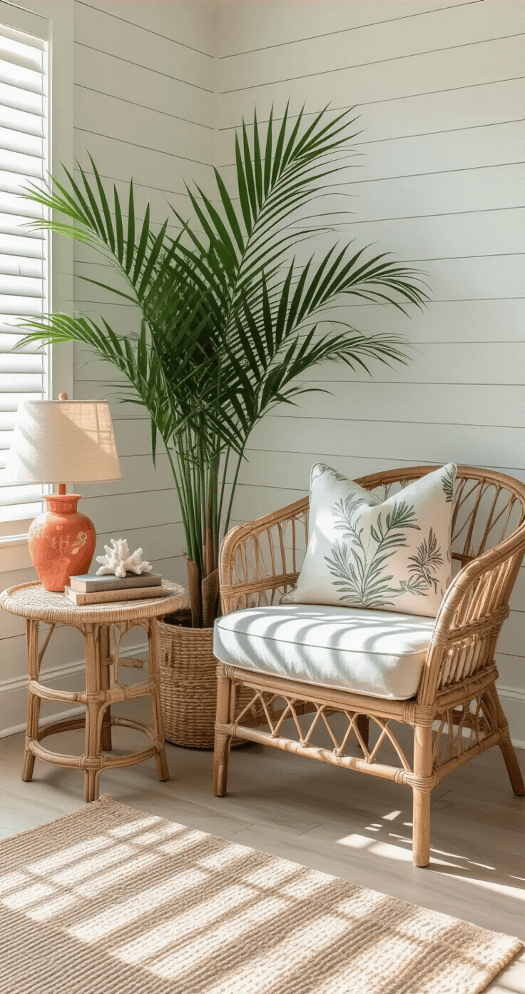 Close-up of a Florida bedroom reading corner featuring an areca palm in a woven basket next to a curved rattan chair with beige linen cushions, a bamboo side table with a vintage coral lamp, and driftwood accents. Soft afternoon light filters through solar shades, casting shadows on light oak floors against whitewashed shiplap walls painted gray-green, complemented by a botanical print pillow and a natural jute rug.