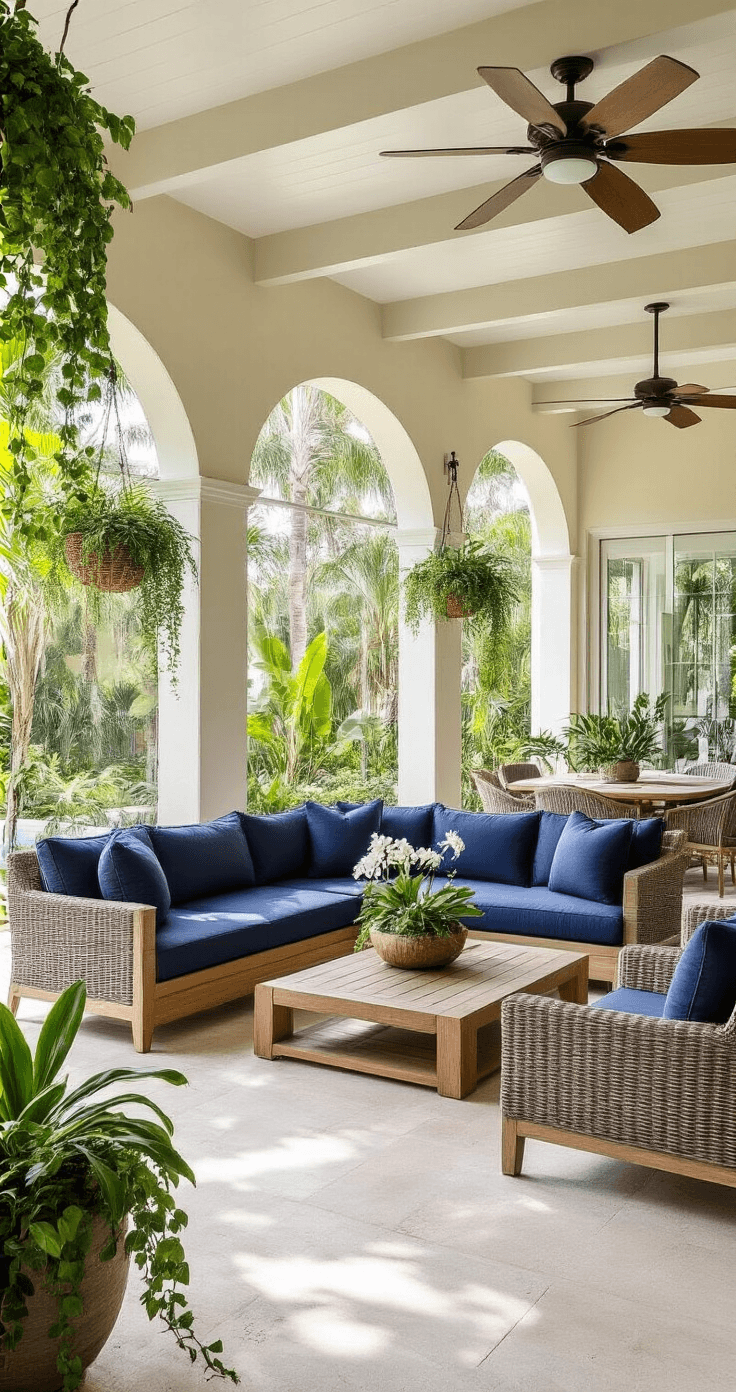 Establishing shot of a contemporary Florida lanai featuring oversized sliding glass doors, a comfortable outdoor sectional sofa with navy cushions, teak coffee table, and a dining set with curved aluminum chairs, surrounded by tropical landscaping and dappled light filtering through a screen enclosure.