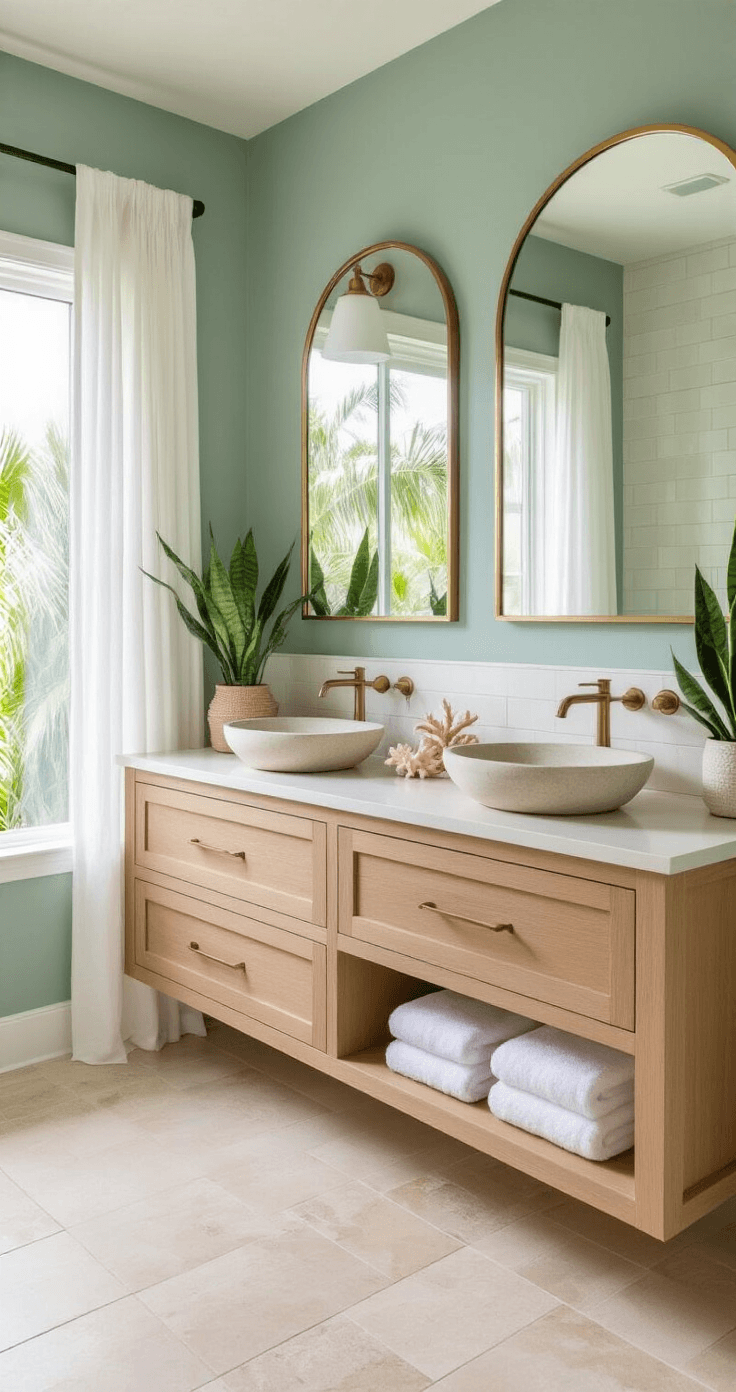 A serene Florida bathroom vanity area featuring a light teak floating vanity with natural stone vessel sinks, an arched brass-framed mirror, sheer white curtains, tropical views, ZZ plants, warm white subway tiles, seafoam green accents, sandy beige flooring, and minimal coral accessories, all under soft, filtered natural lighting.