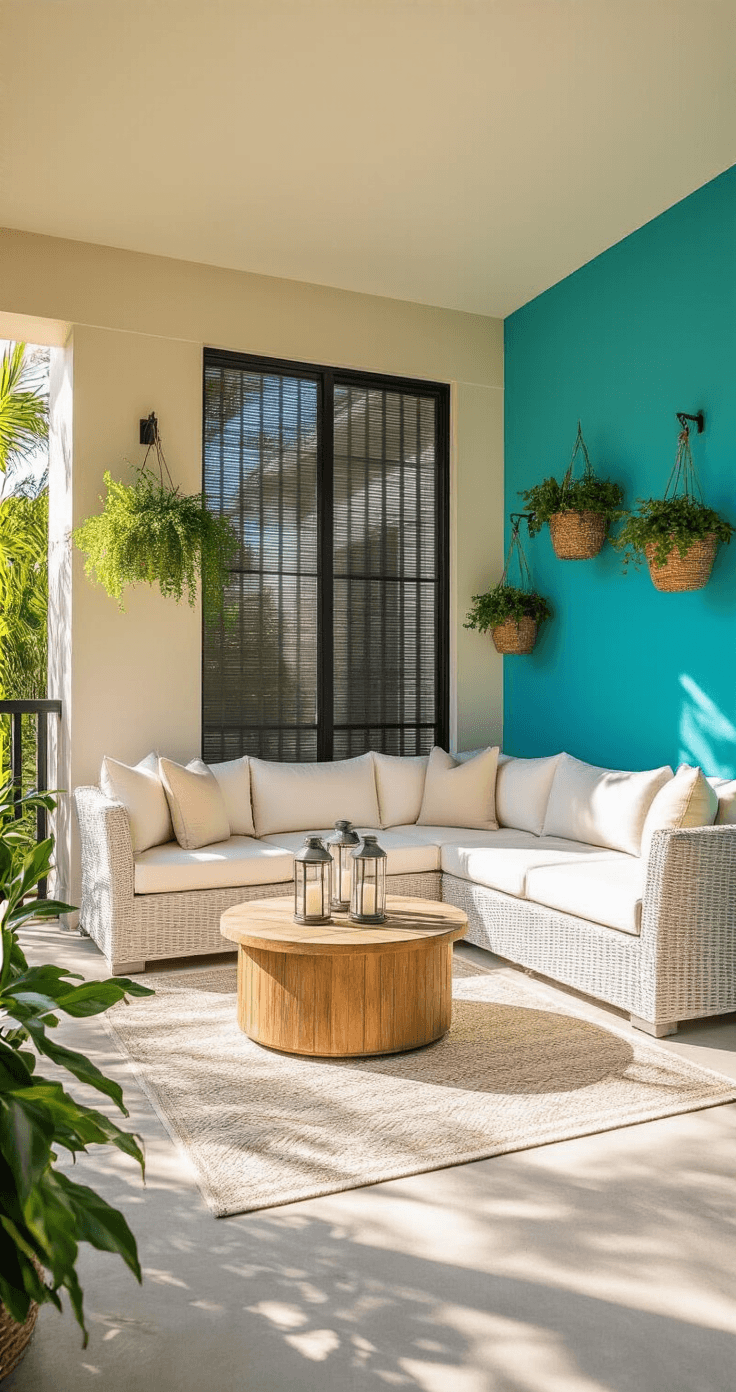 A sunlit Florida lanai with white resin wicker sectional, cream cushions, powder-coated aluminum frames, a teak coffee table, and a turquoise accent wall, featuring hanging planters and a light cream outdoor rug.