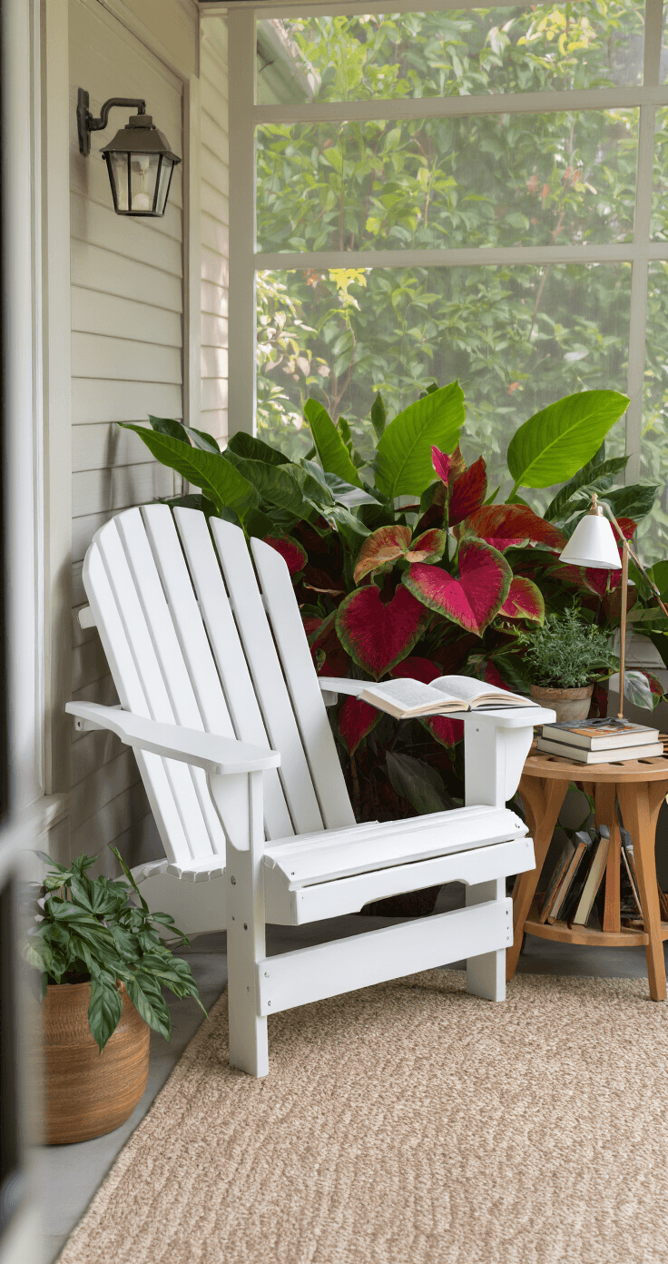 Cozy reading corner in a lanai featuring a white Adirondack chair, a small teak side table, battery-powered reading lamps, a collection of books, vibrant caladium plants, and a light neutral outdoor rug, all illuminated by soft morning light.