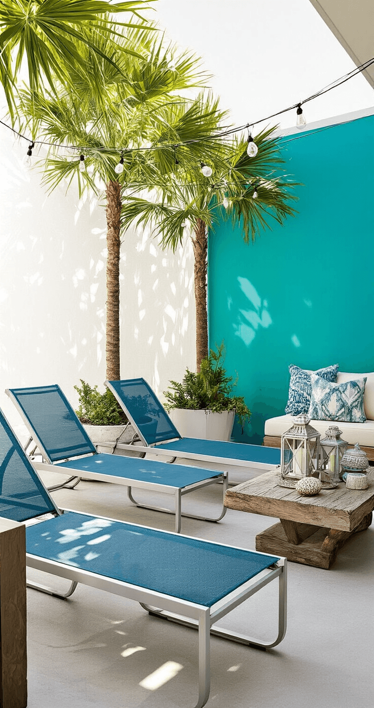 A modern lanai lounge area showcasing folding chaise lounges in aluminum frames with coastal blue mesh fabric, a weathered driftwood-look coffee table with lanterns, palm trees in planters, and a turquoise accent wall, all illuminated by afternoon light creating geometric patterns on the concrete floor.