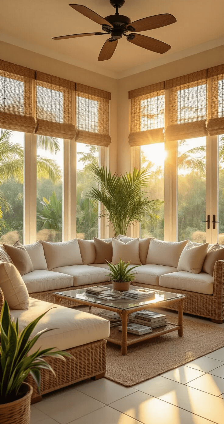 Photorealistic sunroom in Florida during golden hour, featuring floor-to-ceiling windows, oversized sectional sofa, glass coffee table with hurricane readiness materials, tropical plants, and natural wood ceiling fans, all reflecting a comfortable subtropical lifestyle.