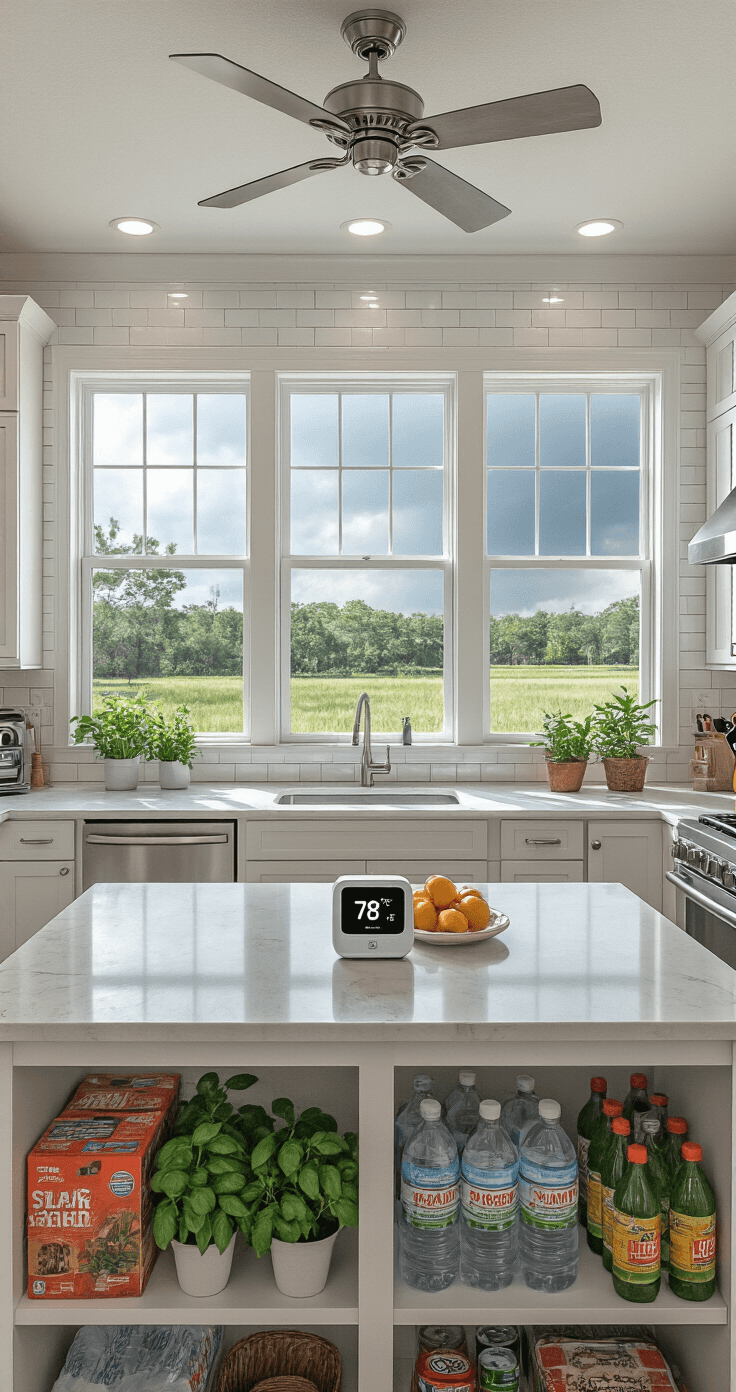 Photorealistic interior of a spacious Florida kitchen during a summer thunderstorm, featuring a galley layout with white subway tile and gray quartz countertops. A smart thermostat shows 78°F, while hurricane supplies are neatly organized in the pantry. Stainless steel appliances reflect the stormy light, and potted herbs sit on the windowsill. The view from the kitchen island captures the approaching storm through large windows, balancing comfort with preparedness.
