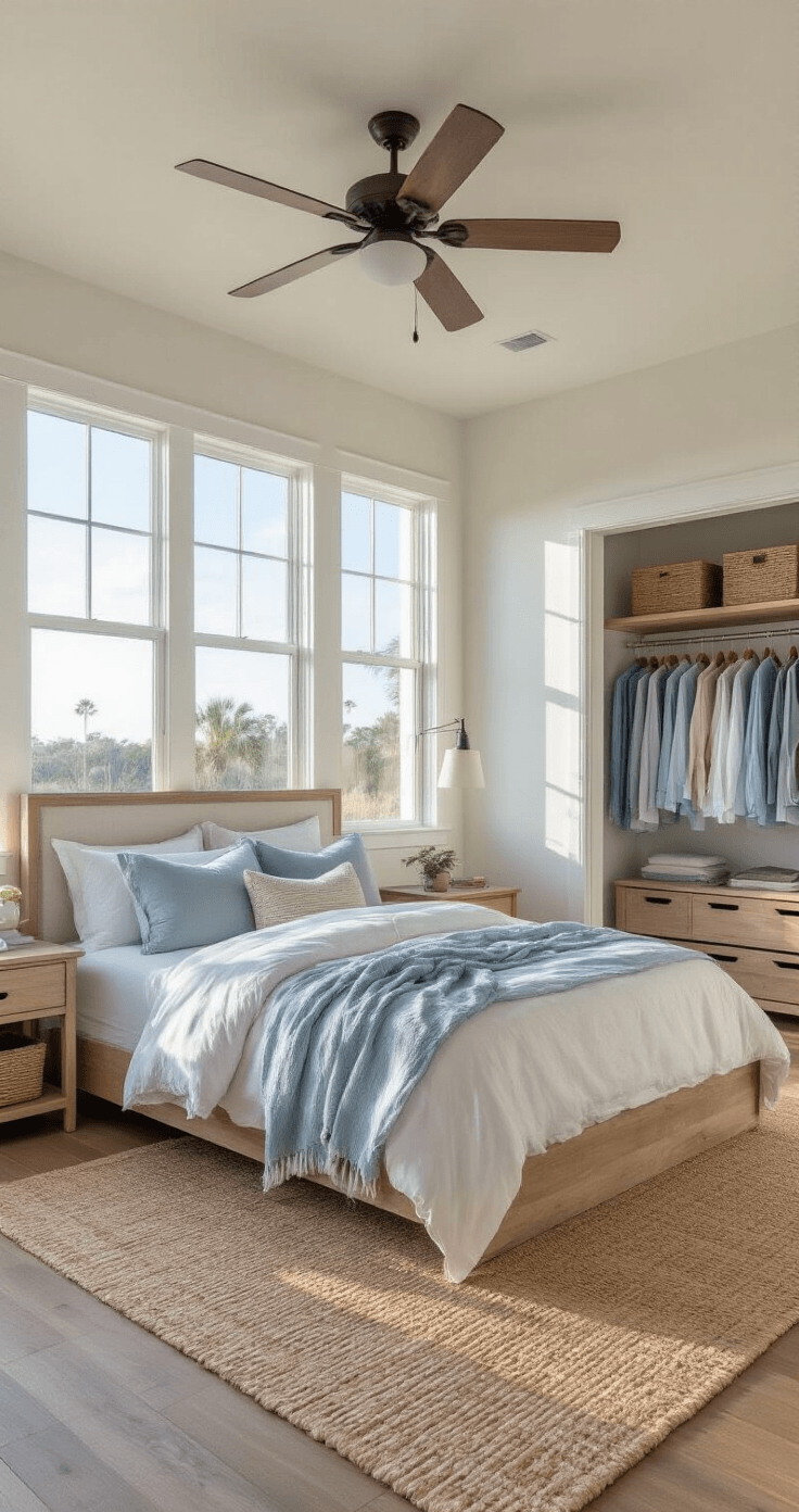 Photorealistic Florida master bedroom with coastal-inspired decor in whites and soft blues, showcasing morning light through large east-facing windows, featuring a platform bed, hardwood floors, and a view into an open closet with seasonal clothing.