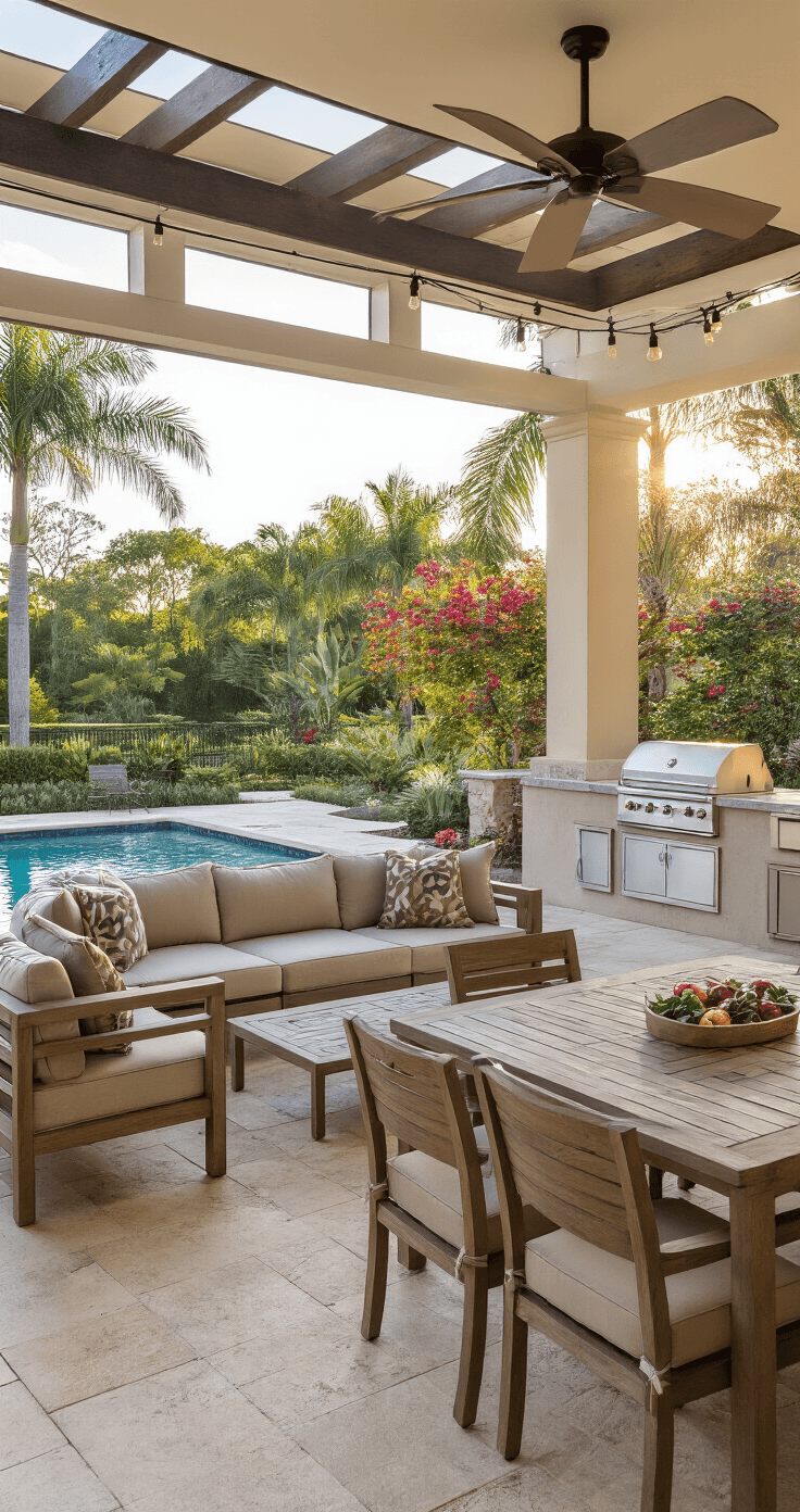 Photorealistic view of a spacious Florida covered patio with retractable screens, outdoor furniture, and built-in kitchen, showcasing lush tropical landscaping and a pool under golden hour light.
