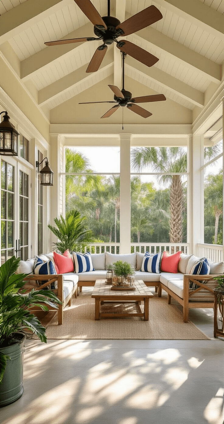 Photorealistic image of a spacious Florida screened porch featuring a cathedral ceiling with white exposed beams, polished concrete floors, weathered teak furniture, and decorative accents in coral pink and seafoam green, illuminated by warm golden hour sunlight.