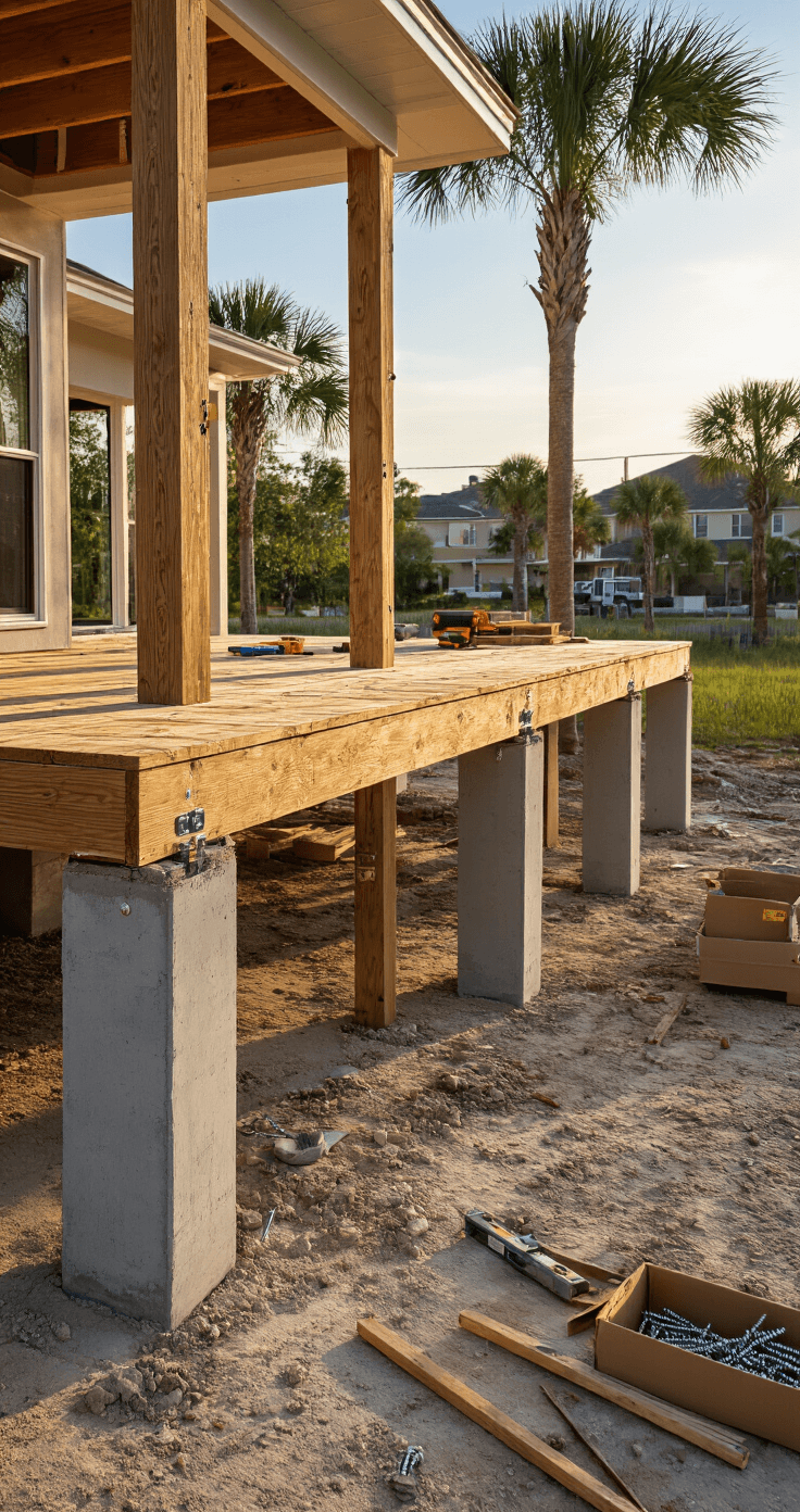 Photorealistic view of a Florida deck foundation under construction, featuring spaced pressure-treated posts in concrete footings, detailed hurricane tie-downs, gleaming stainless steel hardware, and nearby construction tools, set against a backdrop of palm trees and a residential area in natural late afternoon light.