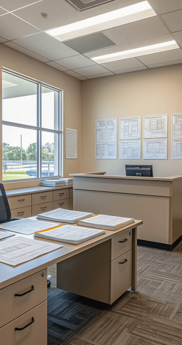 Photorealistic interior of a Florida porch permit office with modern design, featuring a large reception desk in beige, walls adorned with building code charts and hurricane maps, a consultation table displaying porch engineering drawings with red approval stamps, organized stacks of permit applications and engineering reports, and tall windows allowing natural light to blend with fluorescent overhead lighting, all within a professional and bureaucratic atmosphere.