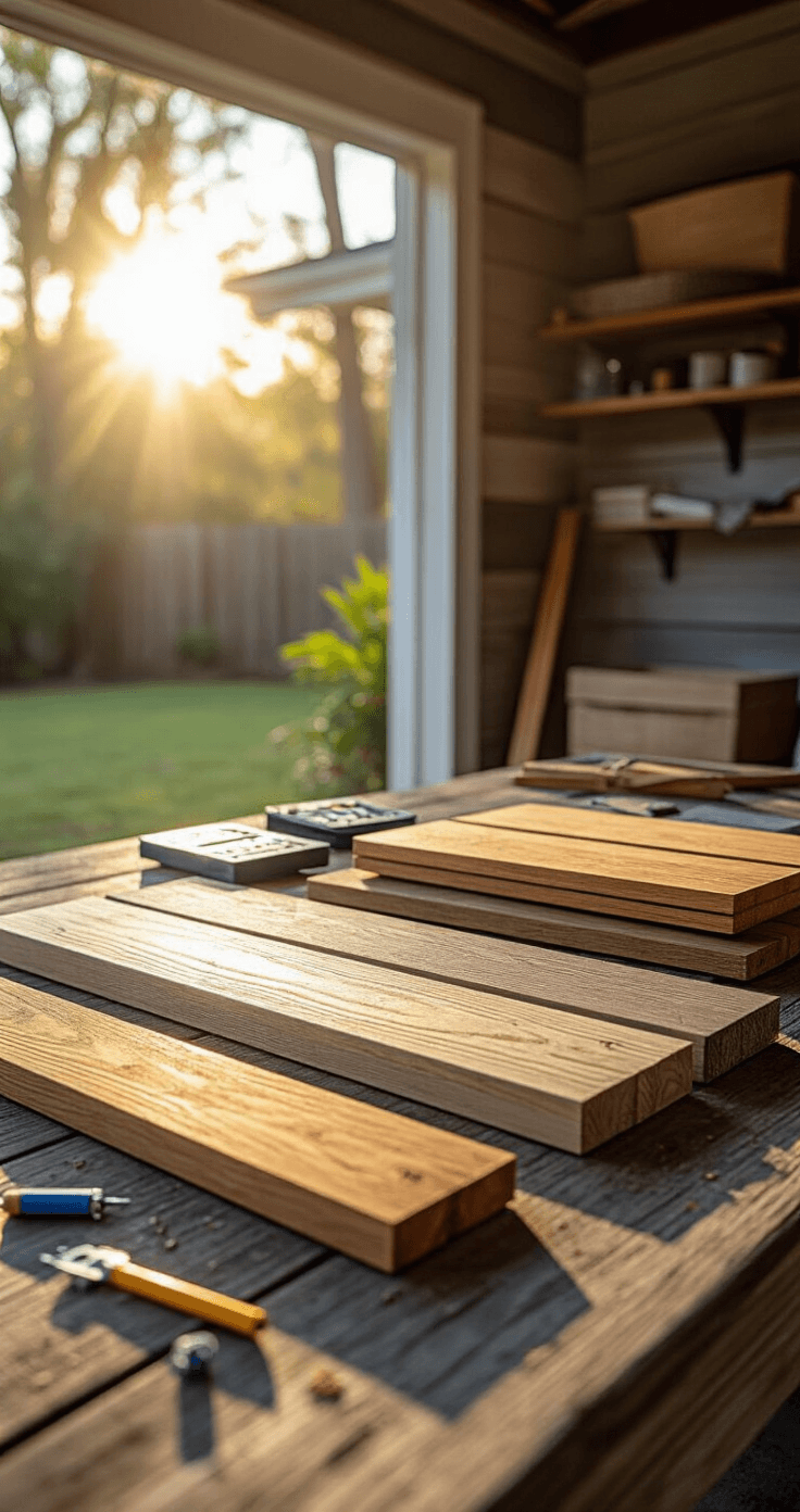 Close-up of a Florida porch material selection display on a weathered workshop table, featuring pressure-treated lumber samples, composite decking boards, hurricane-rated hardware, and tools, illuminated by morning sunlight.