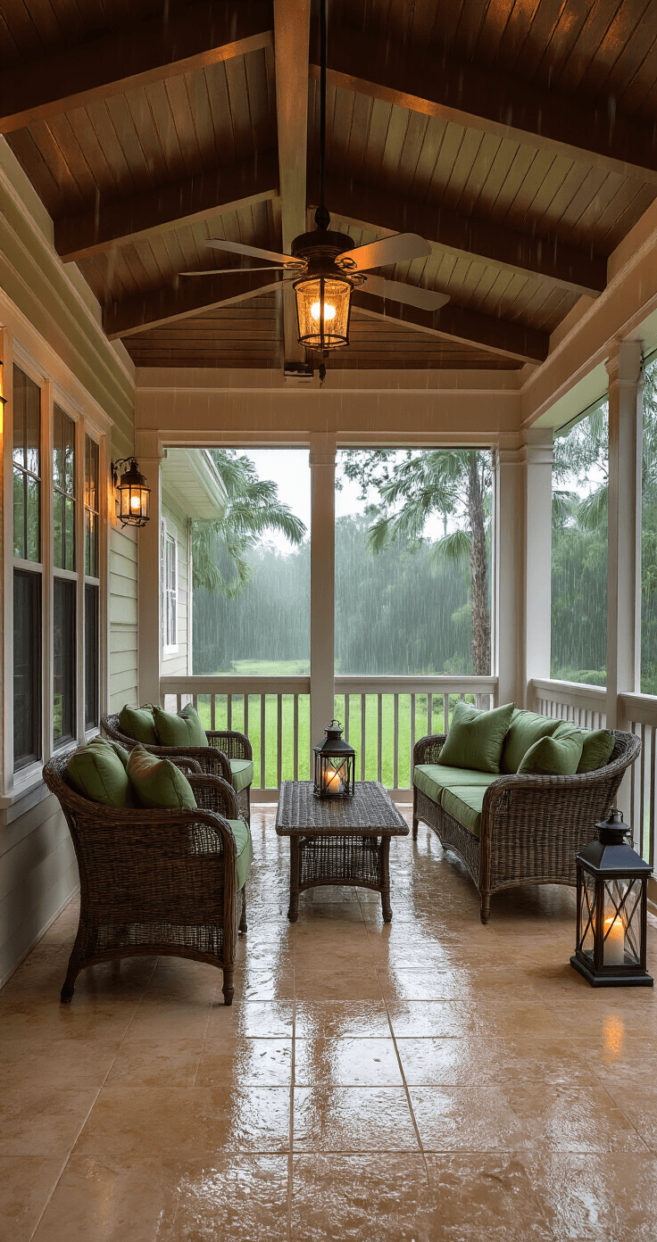 Photorealistic interior of a Florida porch during a tropical storm, featuring engineered roof trusses, a wicker seating arrangement with sage green cushions, sandy beige ceramic tile flooring, warm LED string lights, and hurricane lanterns, all under heavy-duty screening keeping the interior dry while torrential rain is visible outside.