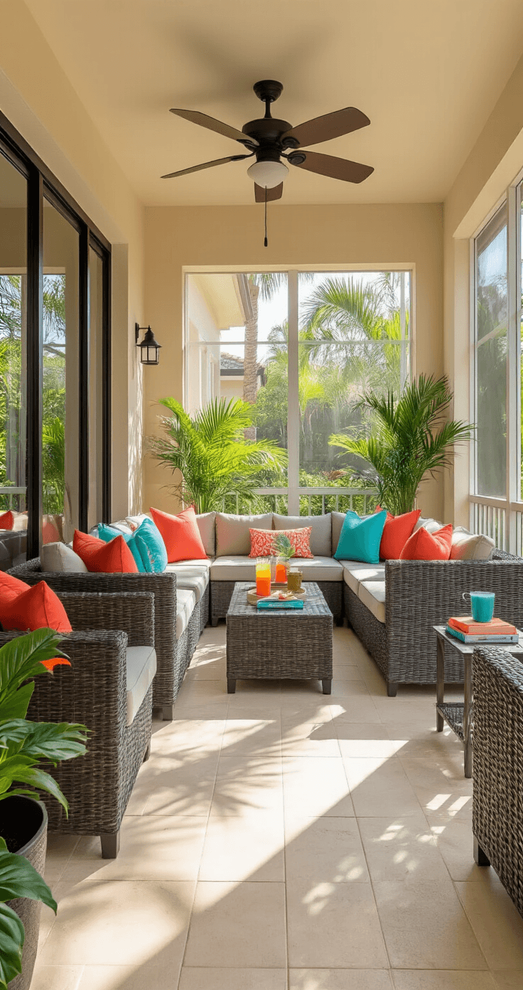 Wide-angle view of a spacious Florida screened lanai with charcoal gray resin wicker sectional seating adorned with coral and turquoise throw pillows, cream-colored tile flooring, and palm fronds in powder-coated steel planters, all illuminated by warm mid-afternoon lighting.