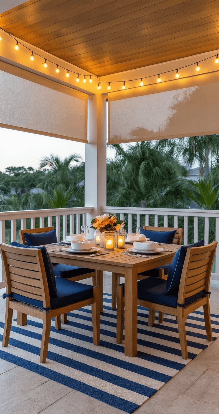 Intimate outdoor dining setup on a screened lanai featuring a teak table set for four with navy blue chairs, warm white string lights, and solar lanterns, complemented by a coastal-themed area rug and soft twilight ambiance.