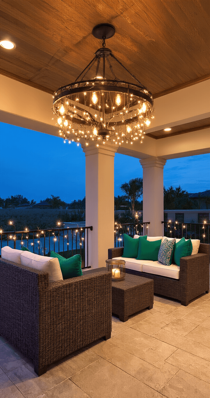 A dramatic nighttime transformation of a lanai, featuring an outdoor chandelier with Edison bulbs and layered illumination from recessed lights, string lights, and LED pathway lighting. A resin wicker loveseat with jewel-tone pillows sits beneath the chandelier, set against a twilight blue hour backdrop that contrasts warm artificial lighting with cool natural light, creating a luxurious resort-style ambiance.