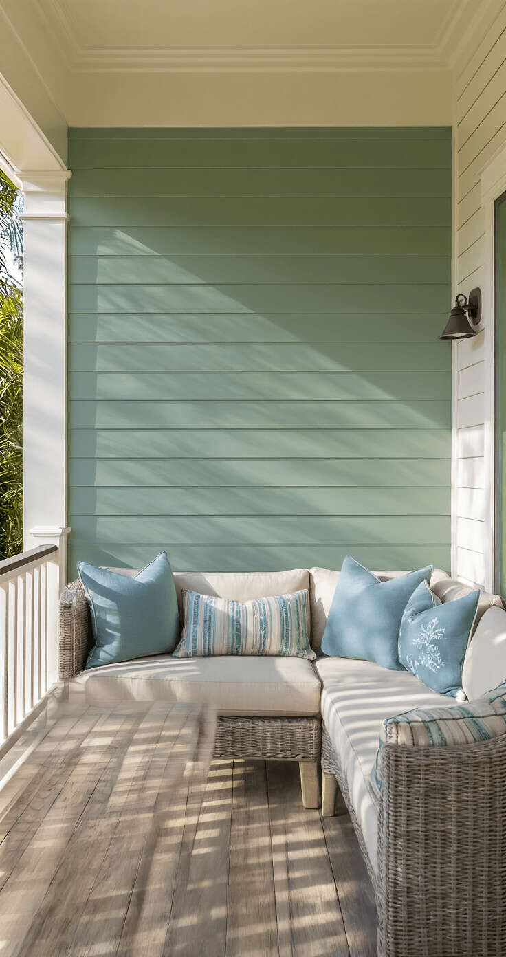 Corner detail shot of a retractable shade screen on an east-facing lanai wall, featuring a seafoam green accent wall and white shiplap wainscoting, with sectional seating in natural linen cushions and coastal blue pillows, illuminated by soft morning sunlight.