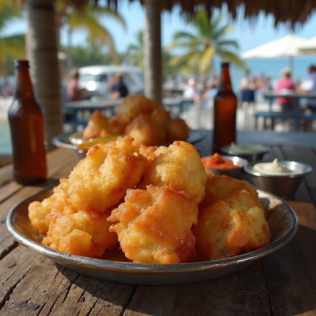 Golden-brown conch fritters on rustic table at waterfront restaurant, Alabama Jacks, with cold beers, under natural afternoon light, boaters and bikers in background, focus on crispy fried exterior revealing tender conch meat, in the authentic Florida Keys atmosphere.