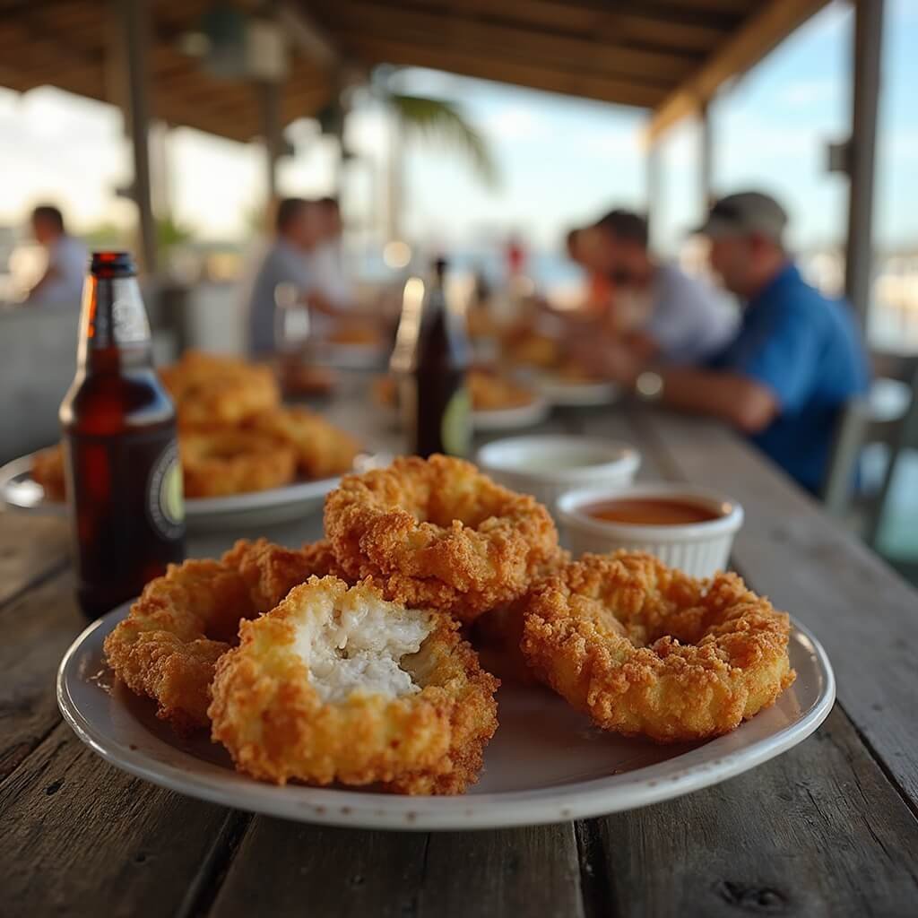 Golden-brown conch fritters in waterfront restaurant Alabama Jacks, with patrons in Florida Keys attire, weathered wooden tables, cold beer bottles, palm trees and laid-back maritime ambiance.