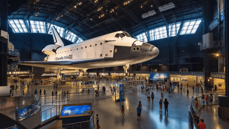 Why Kennedy Space Center Is Worth Every Penny (Even If You Think Space Is Boring) "Visitors exploring the Space Shuttle Atlantis exhibit at Kennedy Space Center, with the shuttle's cargo bay doors open and robotic arm extended, set against educational displays and the pavilion's curved architecture."