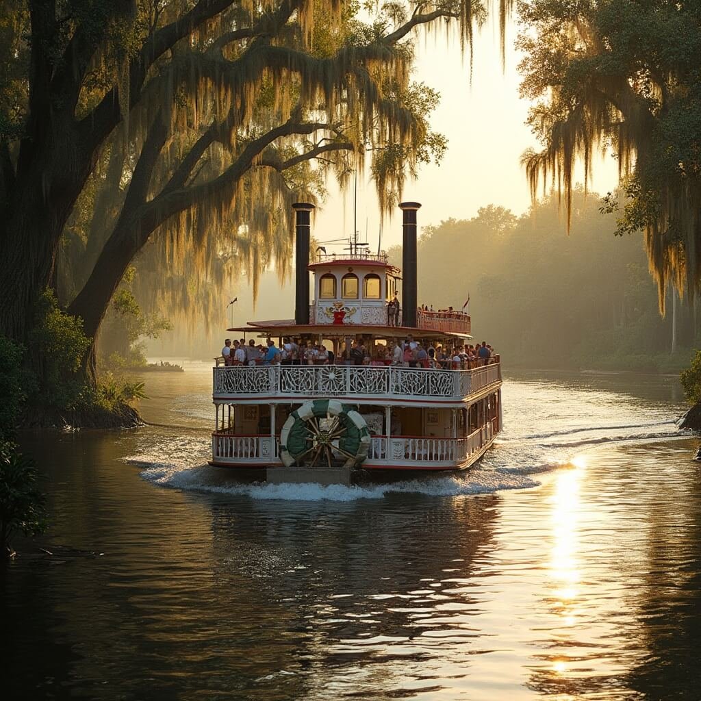 Vintage Barbara-Lee sternwheeler paddle boat cruising on St. Johns River near Sanford, Florida with passengers on decks and scenic view of lake, ancient trees, and downtown Sanford in the background
