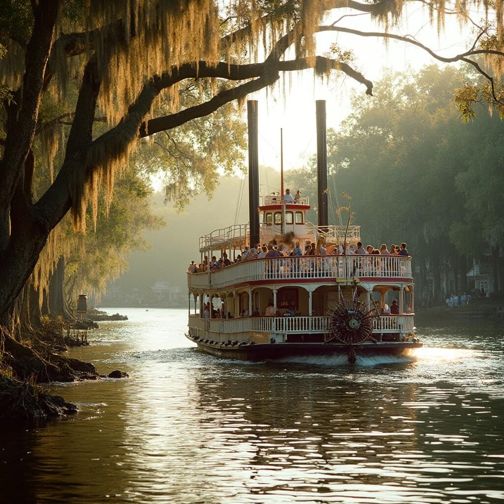 Vintage Barbara-Lee sternwheeler paddle boat with passengers aboard, cruising the calm waters of Lake Monroe near Sanford, Florida, surrounded by lush wetlands and cypress trees draped in Spanish moss, with downtown Sanford in the background