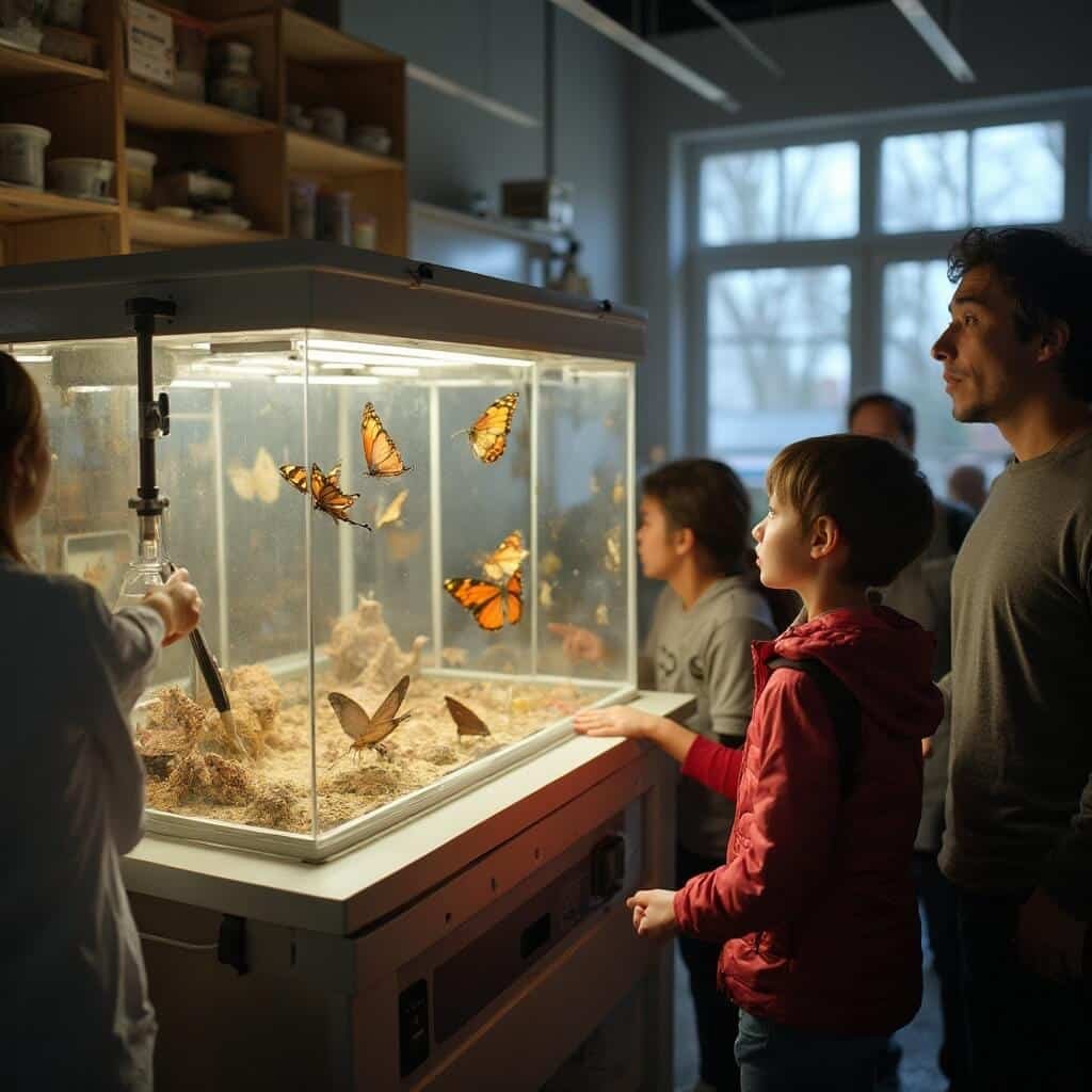 Museum educator demonstrating butterfly metamorphosis stages to visitors during the Rearing Lab's Butterfly Spotlight event, with newly emerged butterfly taking flight and various lifecycle stages displayed in background.