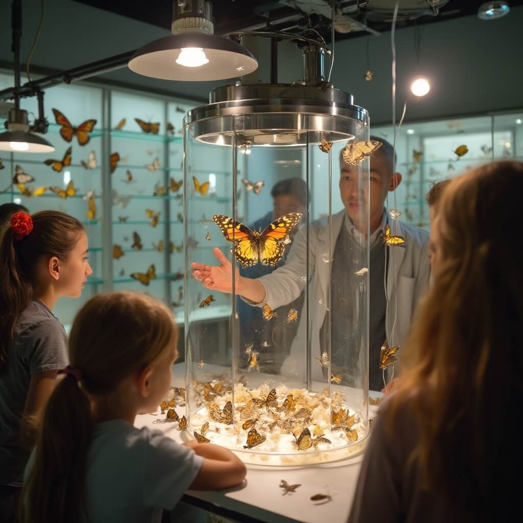 Newly emerged butterfly in flight at the Rearing Lab's Butterfly Spotlight event where a museum educator explains the chrysalis stage to visitors, with scientific equipment displaying various lifecycle stages in the background.